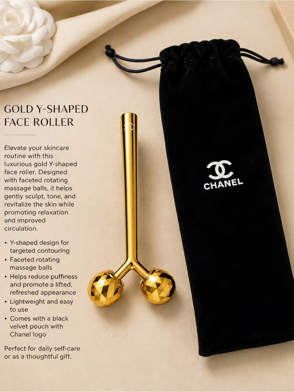 Gold Y-Shaped Facial Roller with Velvet Pouch